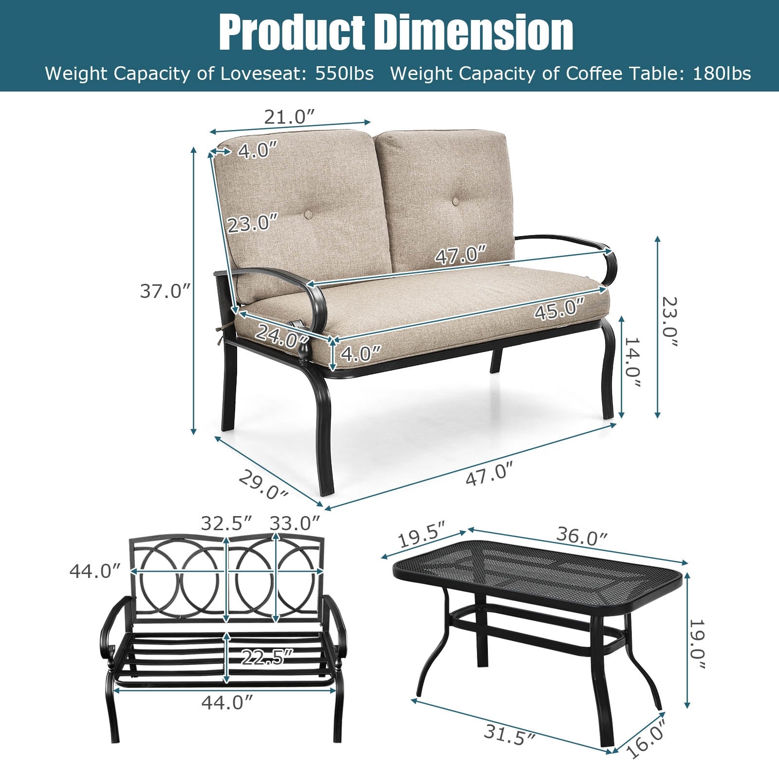 2 Pieces Patio Loveseat Bench Table Furniture Set with Cushioned Chair-Blue