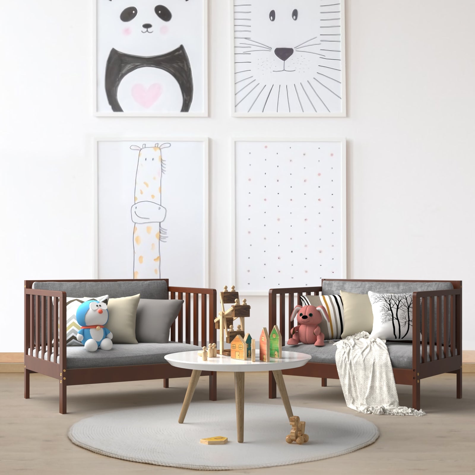 2-in-1 Convertible Kids Wooden Bedroom Furniture with Guardrails