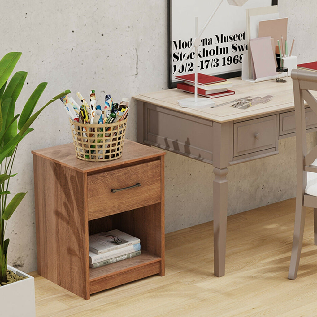 Wooden Nightstand with Drawer and Open Storage Compartment
