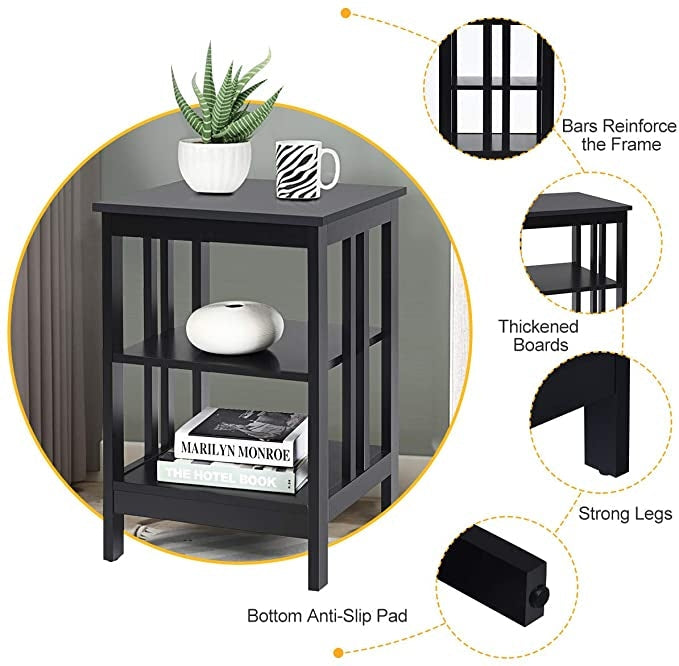 2 Pieces 3-Tier Nightstand with Reinforced Bars and Stable Structure