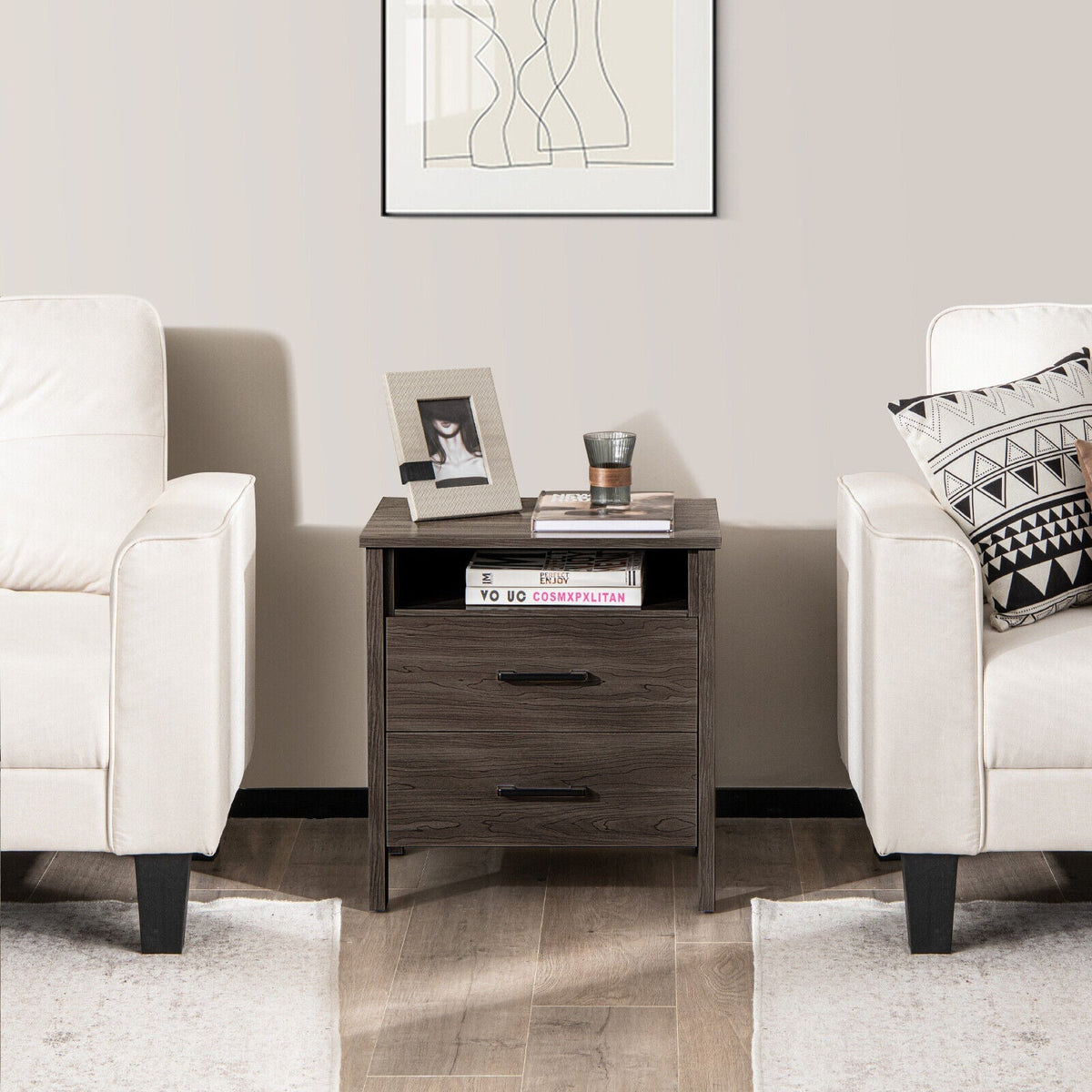 Modern Wood Grain Nightstand with Cable Hole and Open Compartment