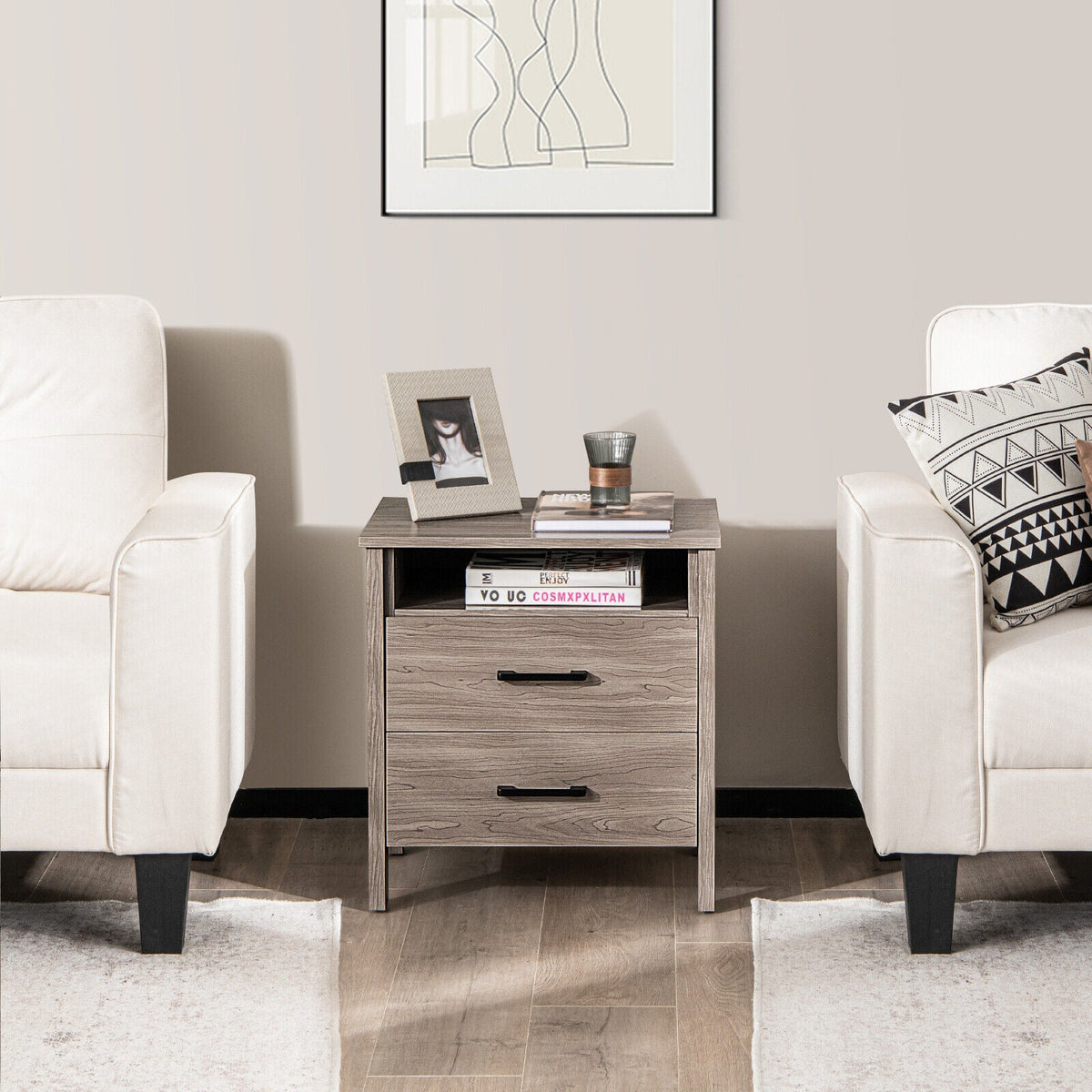 Modern Wood Grain Nightstand with Cable Hole and Open Compartment