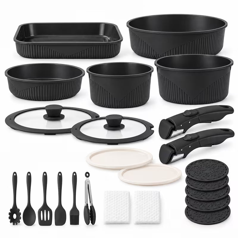 24-Piece Nonstick Cookware Set with Detachable Handles