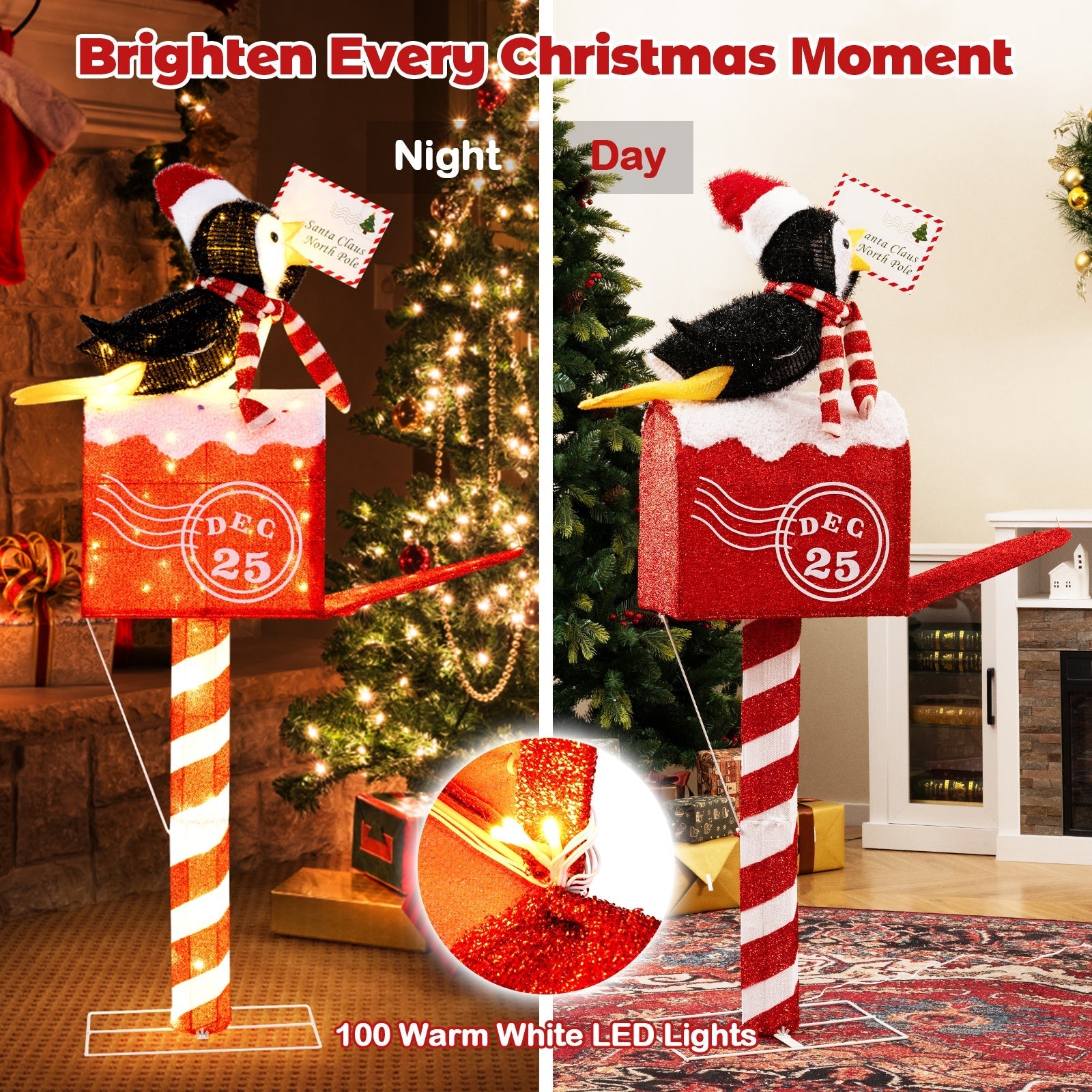 4.8 FT Christmas Lighted Penguin on Mailbox Pre-lit Xmas Decoration with 100 LED Warm White Lights