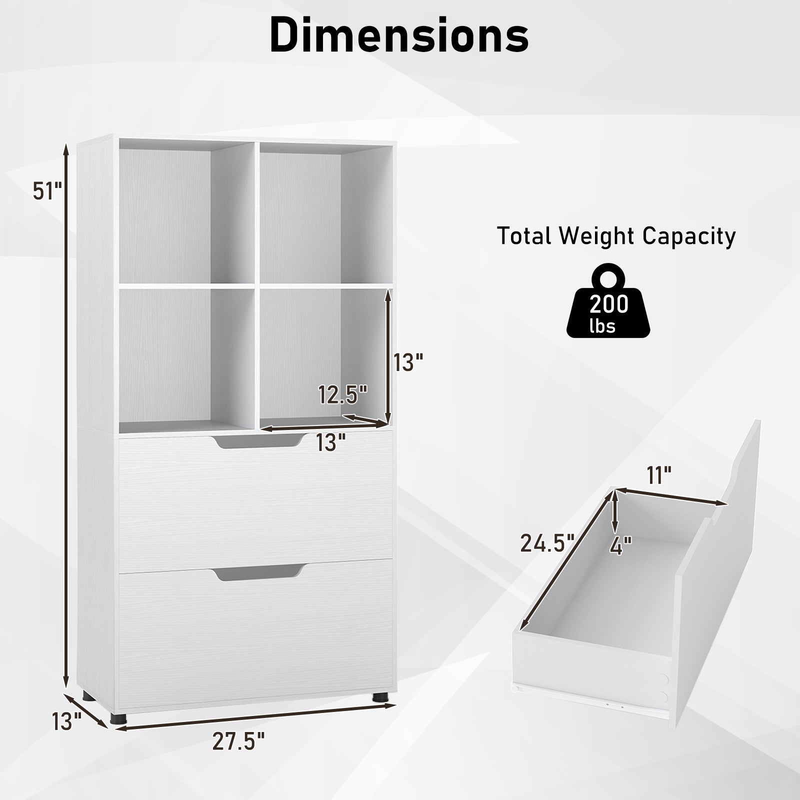 4-Cube Bookcase with 2 Drawers 51 inch 5-Tier Tall Freestanding Bookshelf
