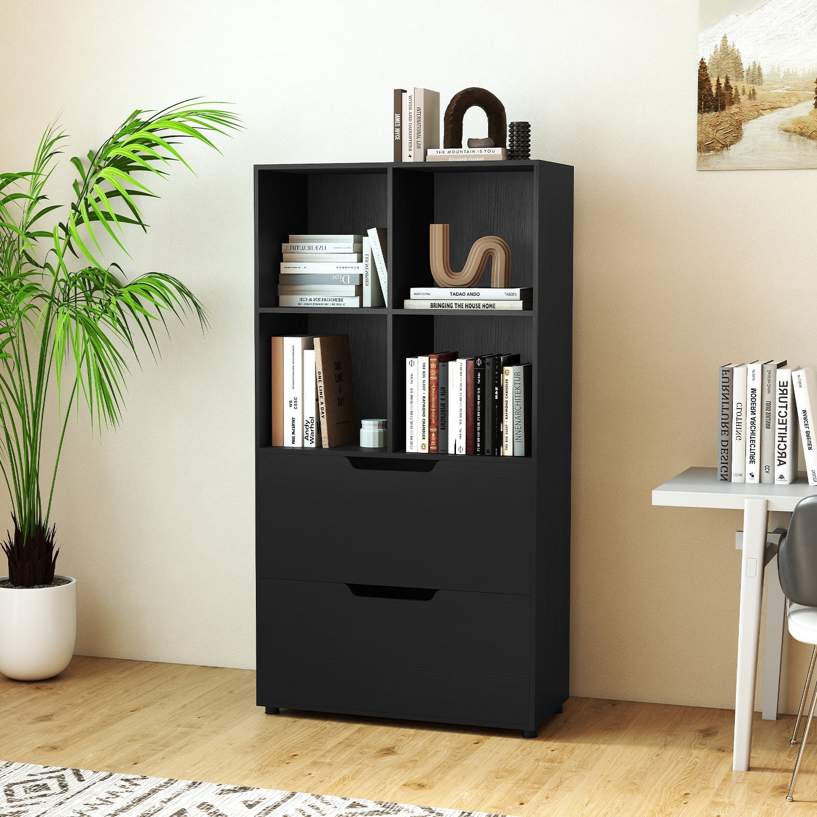 4-Cube Bookcase with 2 Drawers 51 inch 5-Tier Tall Freestanding Bookshelf