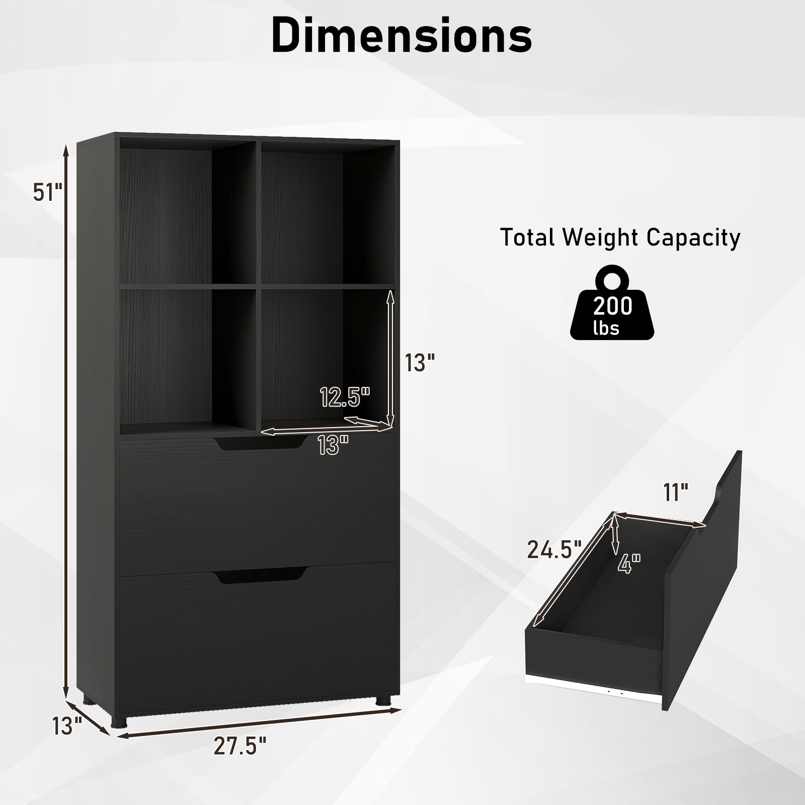 4-Cube Bookcase with 2 Drawers 51 inch 5-Tier Tall Freestanding Bookshelf