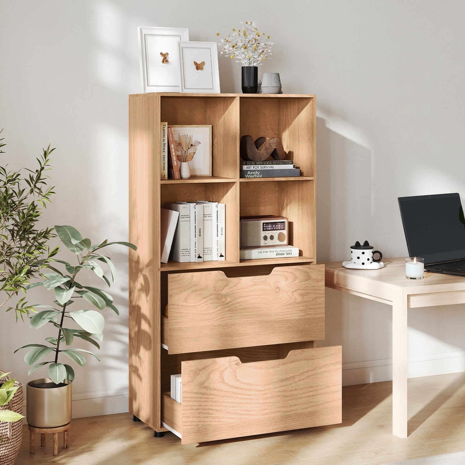 4-Cube Bookcase with 2 Drawers 51 inch 5-Tier Tall Freestanding Bookshelf