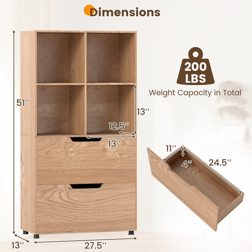 4-Cube Bookcase with 2 Drawers 51 inch 5-Tier Tall Freestanding Bookshelf