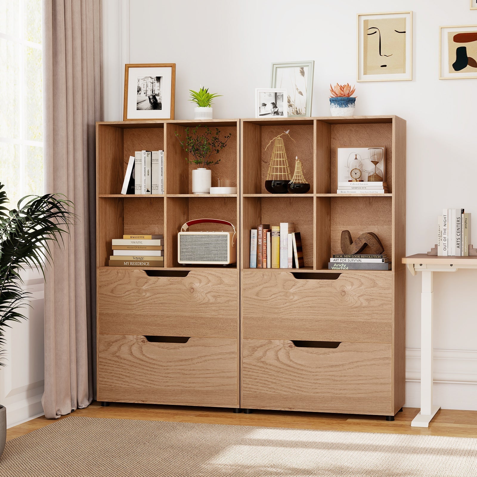 4-Cube Bookcase with 2 Drawers 51 inch 5-Tier Tall Freestanding Bookshelf