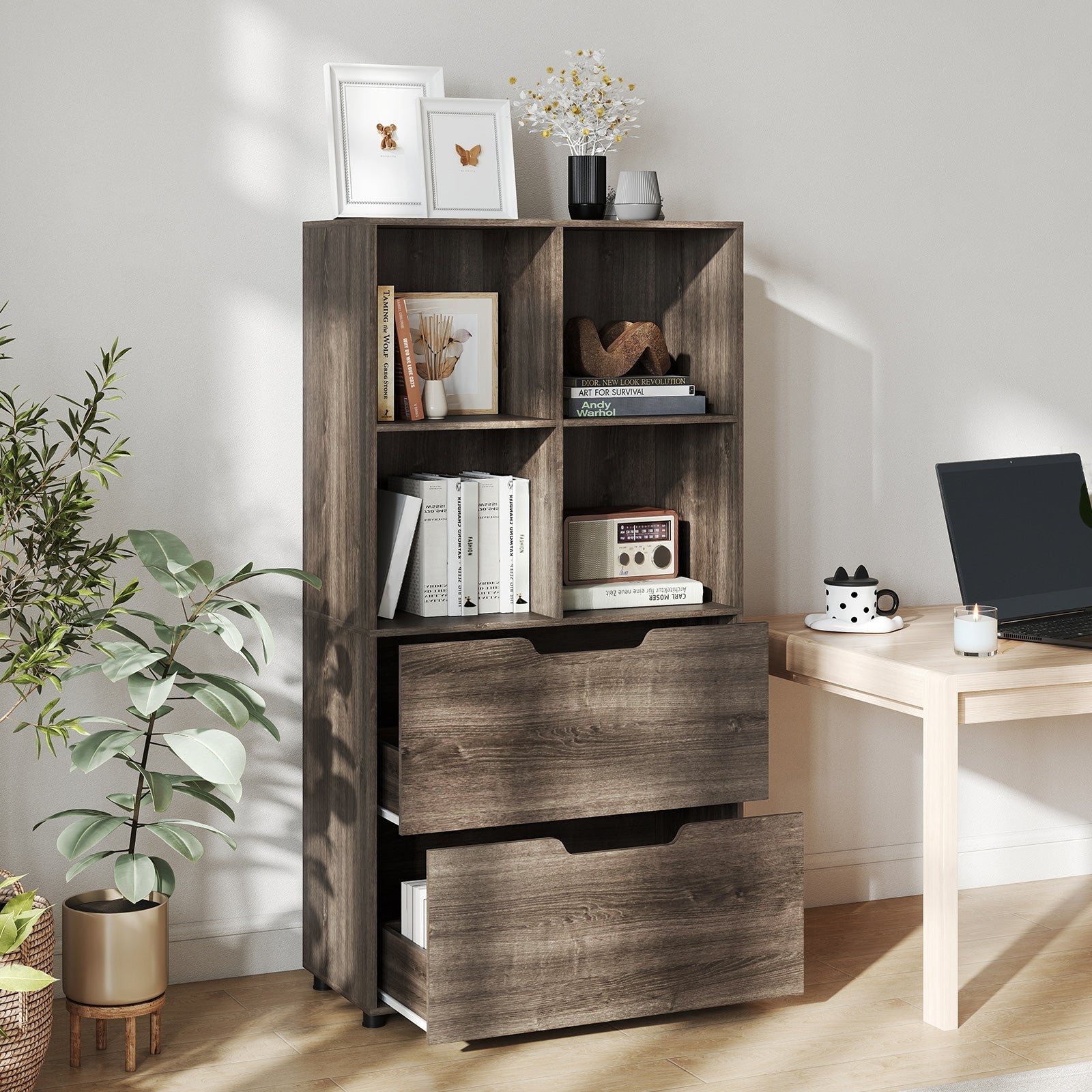 4-Cube Bookcase with 2 Drawers 51 inch 5-Tier Tall Freestanding Bookshelf