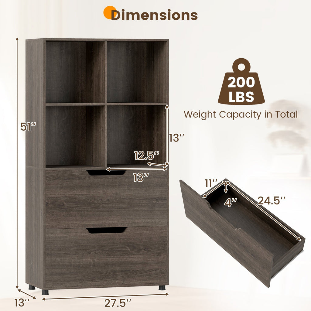 4-Cube Bookcase with 2 Drawers 51 inch 5-Tier Tall Freestanding Bookshelf