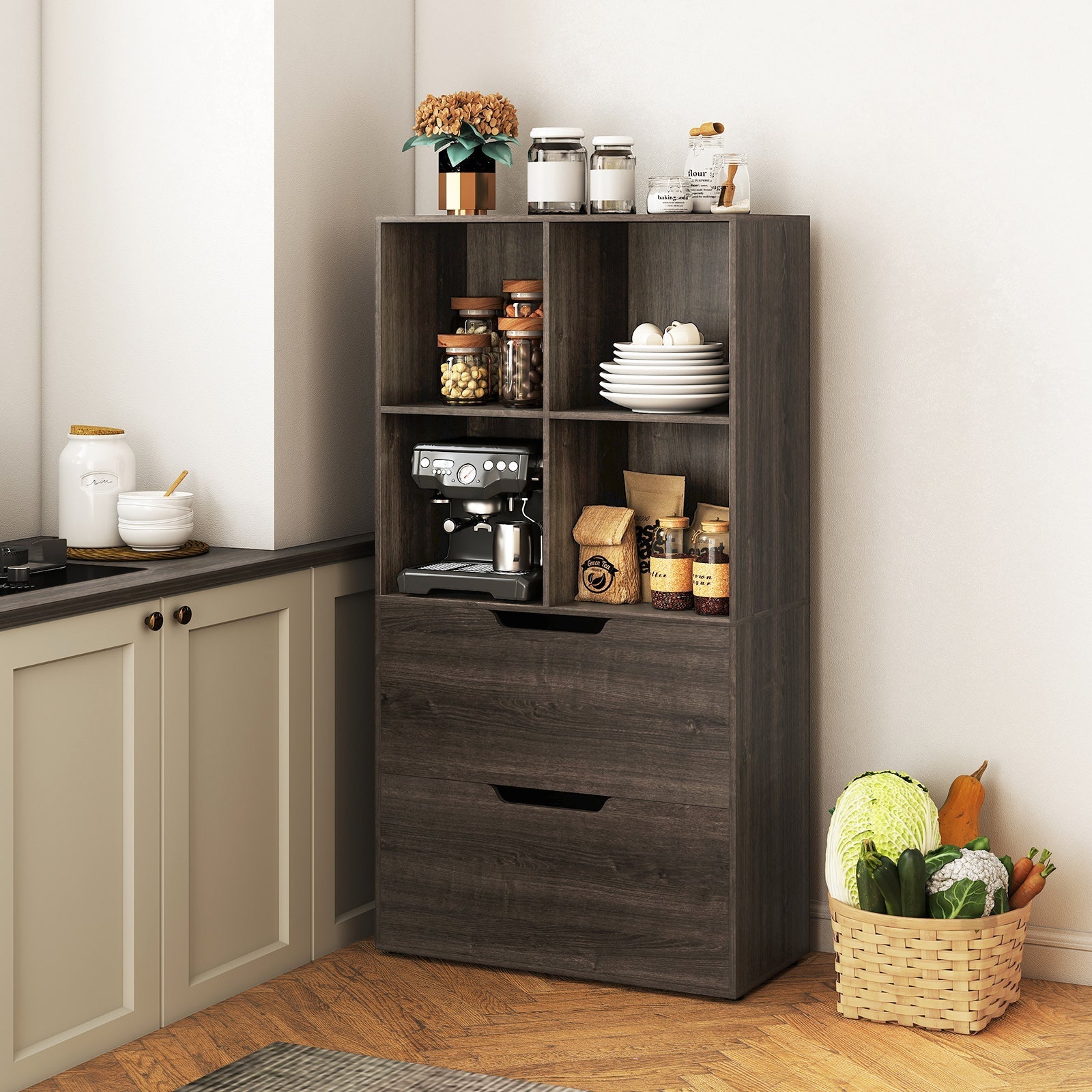 4-Cube Bookcase with 2 Drawers 51 inch 5-Tier Tall Freestanding Bookshelf