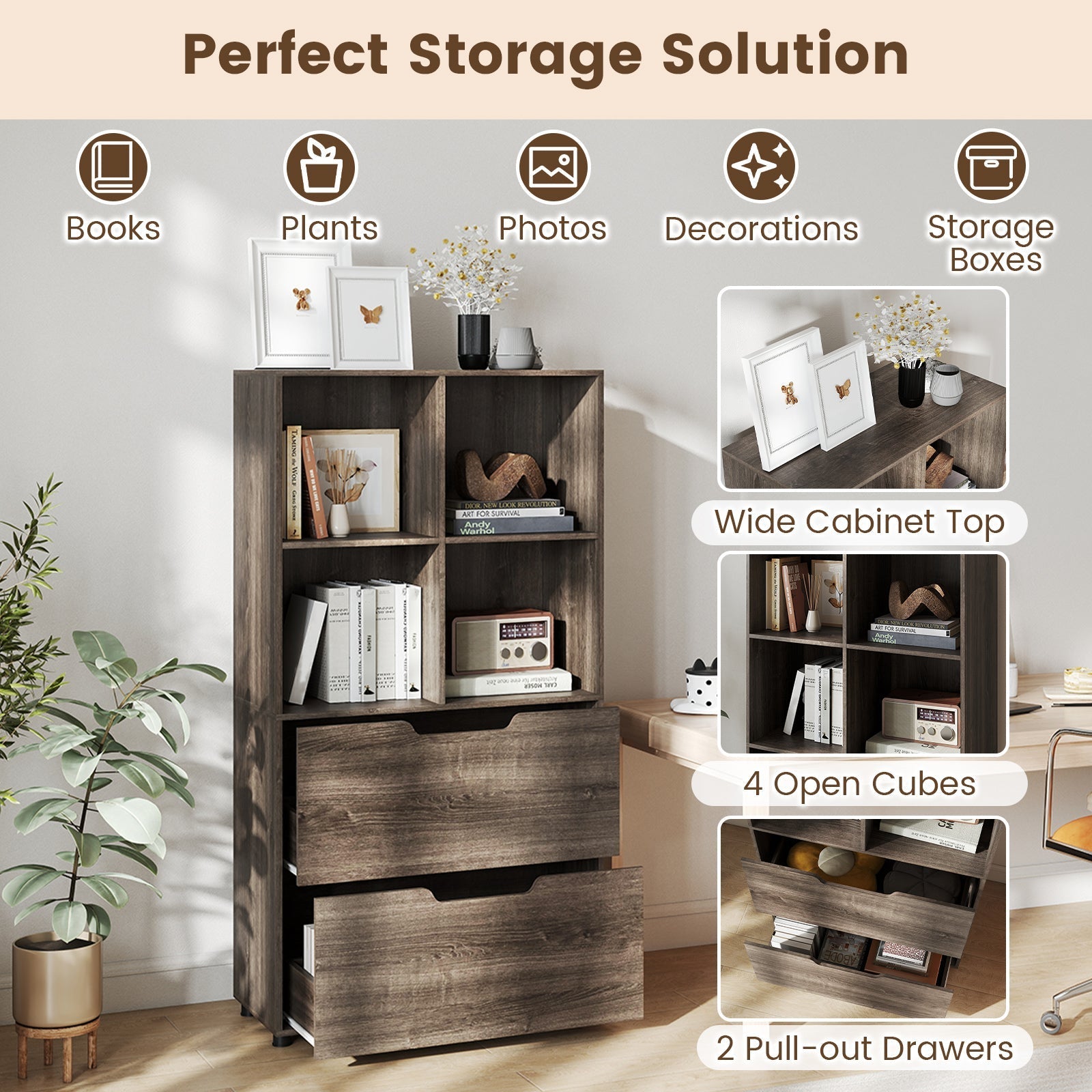 4-Cube Bookcase with 2 Drawers 51 inch 5-Tier Tall Freestanding Bookshelf