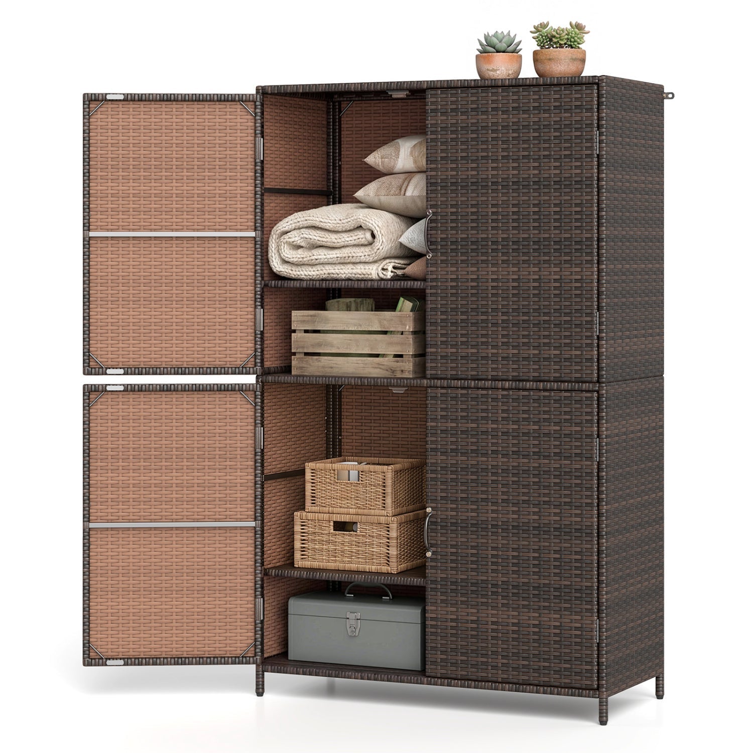 Rattan Vertical Storage Shed with Adjustable Shelves