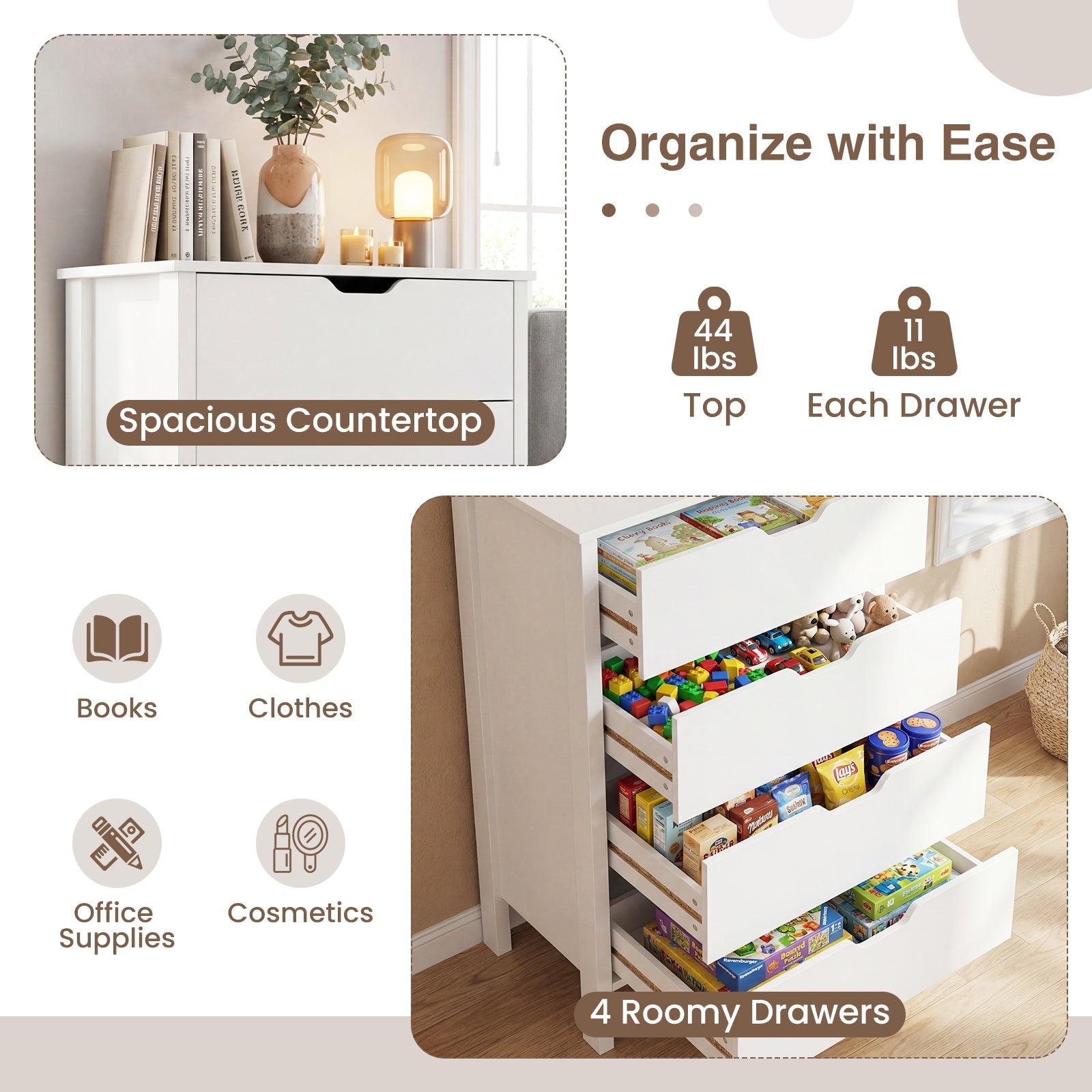 4-Drawer Dresser Wooden Nightstand with Anti-Tipping Kits-White