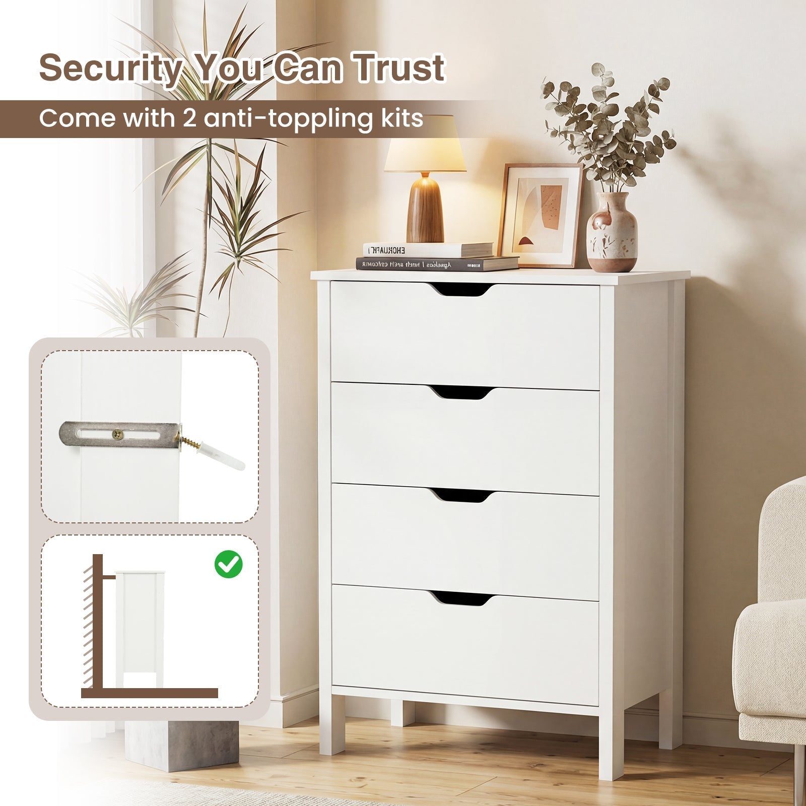 4-Drawer Dresser Wooden Nightstand with Anti-Tipping Kits-White
