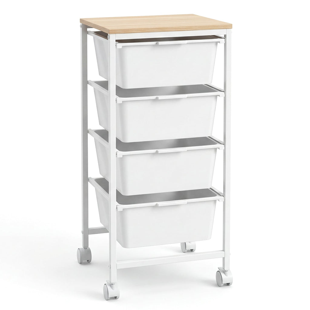 4-Drawer Rolling Storage Cart Mobile Utility Organizer with Wooden Tabletop and Lockable Wheels-White