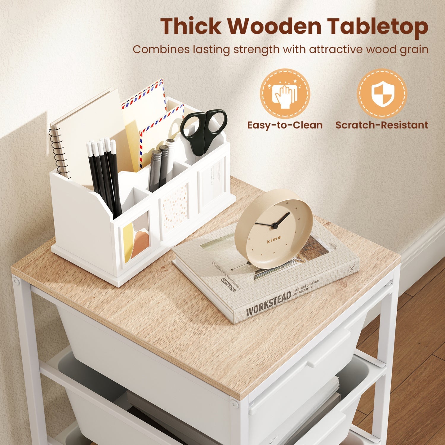 4-Drawer Rolling Storage Cart Mobile Utility Organizer with Wooden Tabletop and Lockable Wheels-White