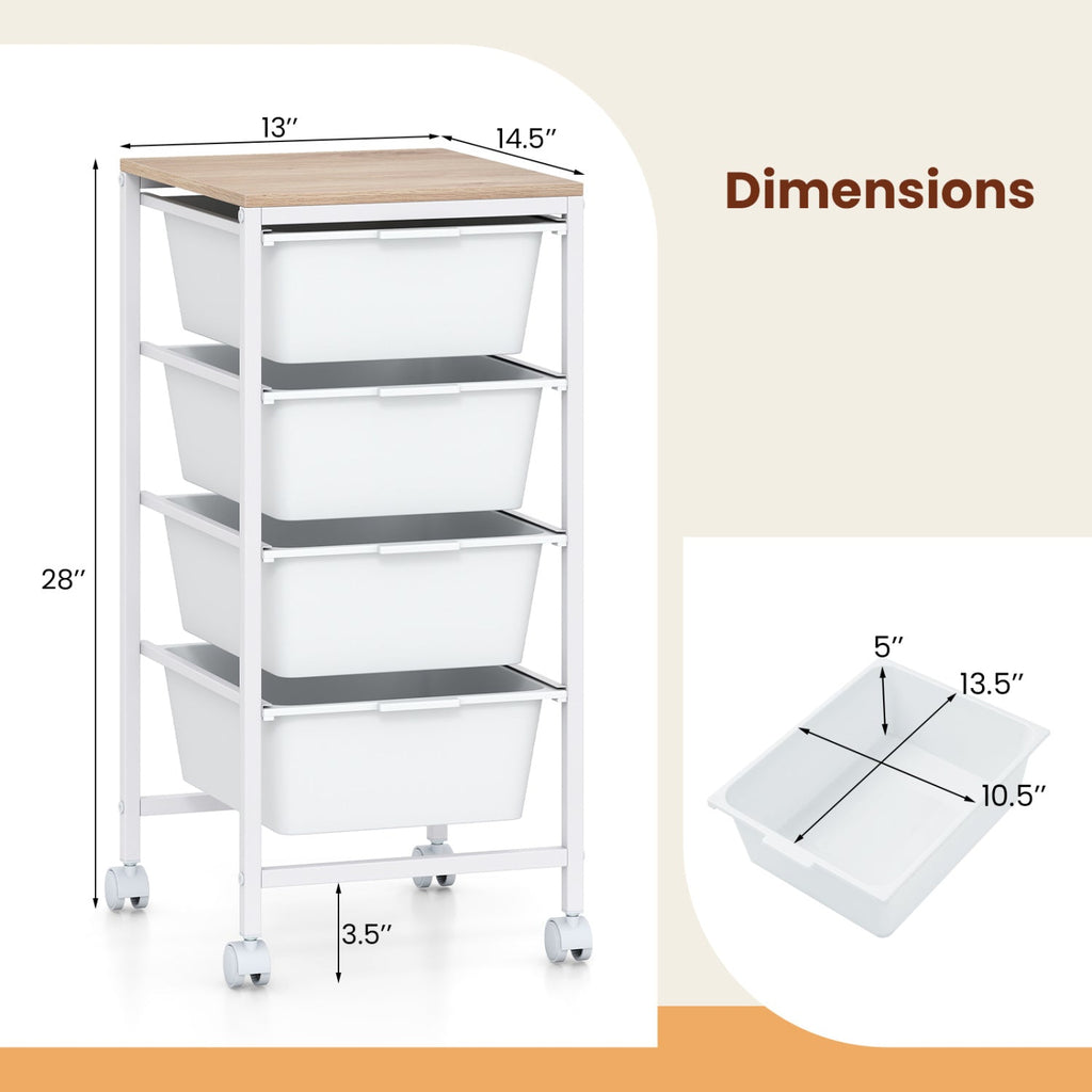 4-Drawer Rolling Storage Cart Mobile Utility Organizer with Wooden Tabletop and Lockable Wheels-White