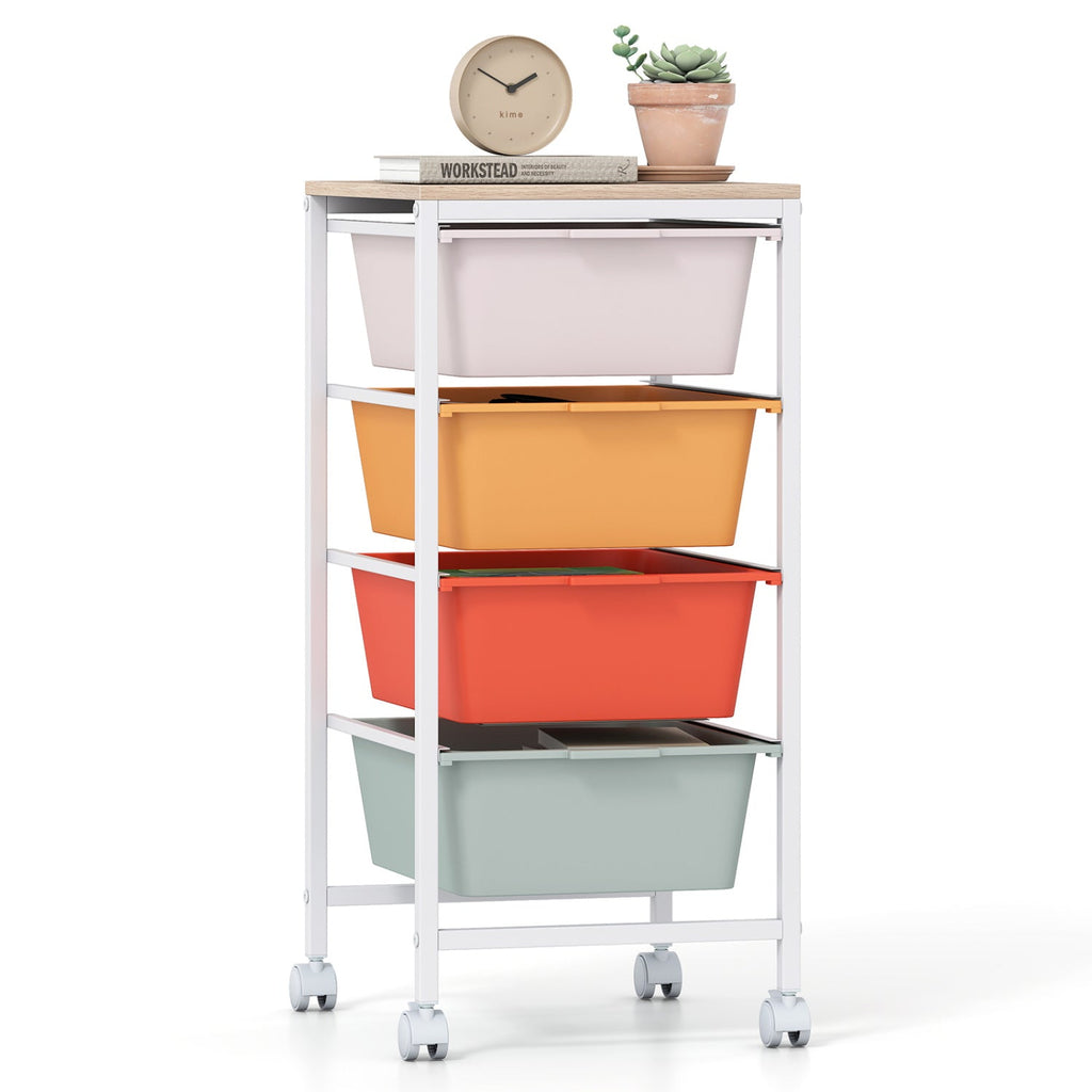 4-Drawer Rolling Storage Cart Mobile Utility Organizer with Wooden Tabletop and Lockable Wheels-White