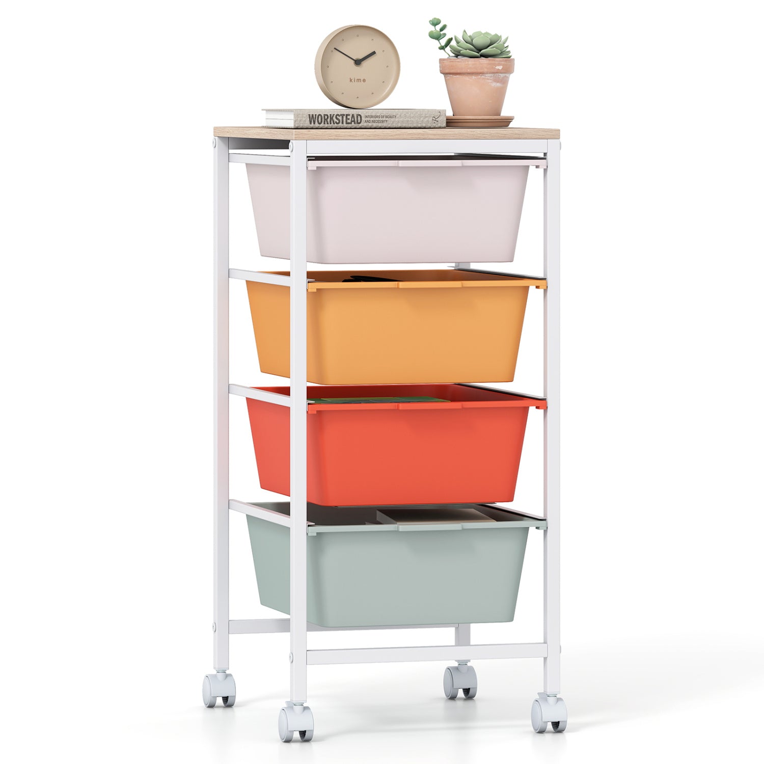 4-Drawer Rolling Storage Cart Mobile Utility Organizer with Wooden Tabletop and Lockable Wheels-White