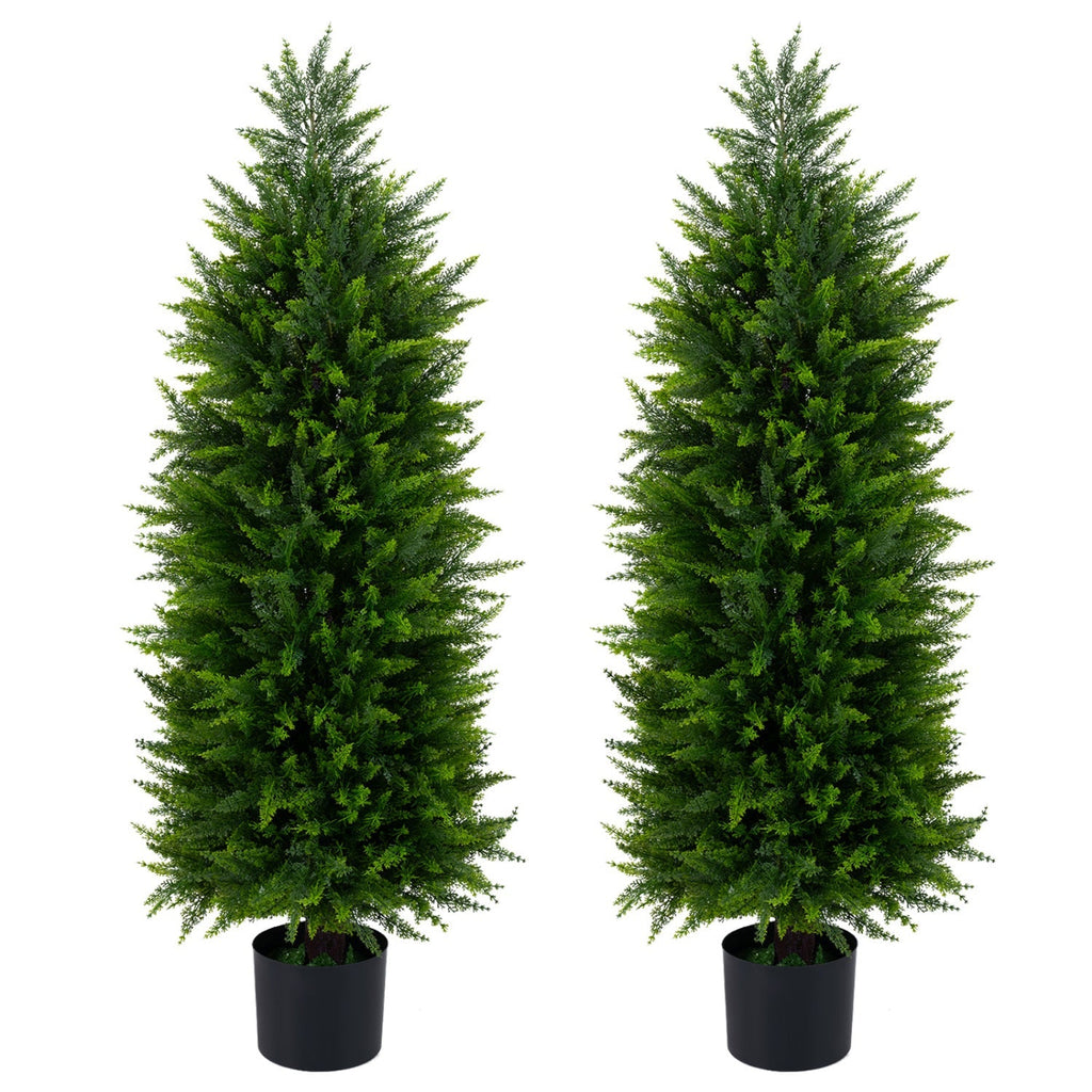 4 FT Artificial Topiary Tree Set of 2 Faux Cedar Cypress Plants in Cement-Filled Pots