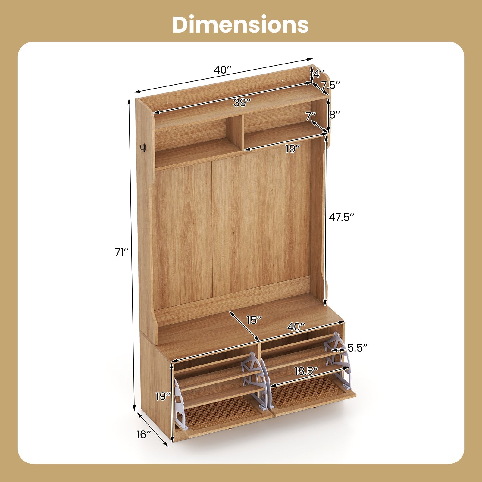 4-In-1 Hall Tree with Coat Rack and Flip Drawers for Entryway Mudroom