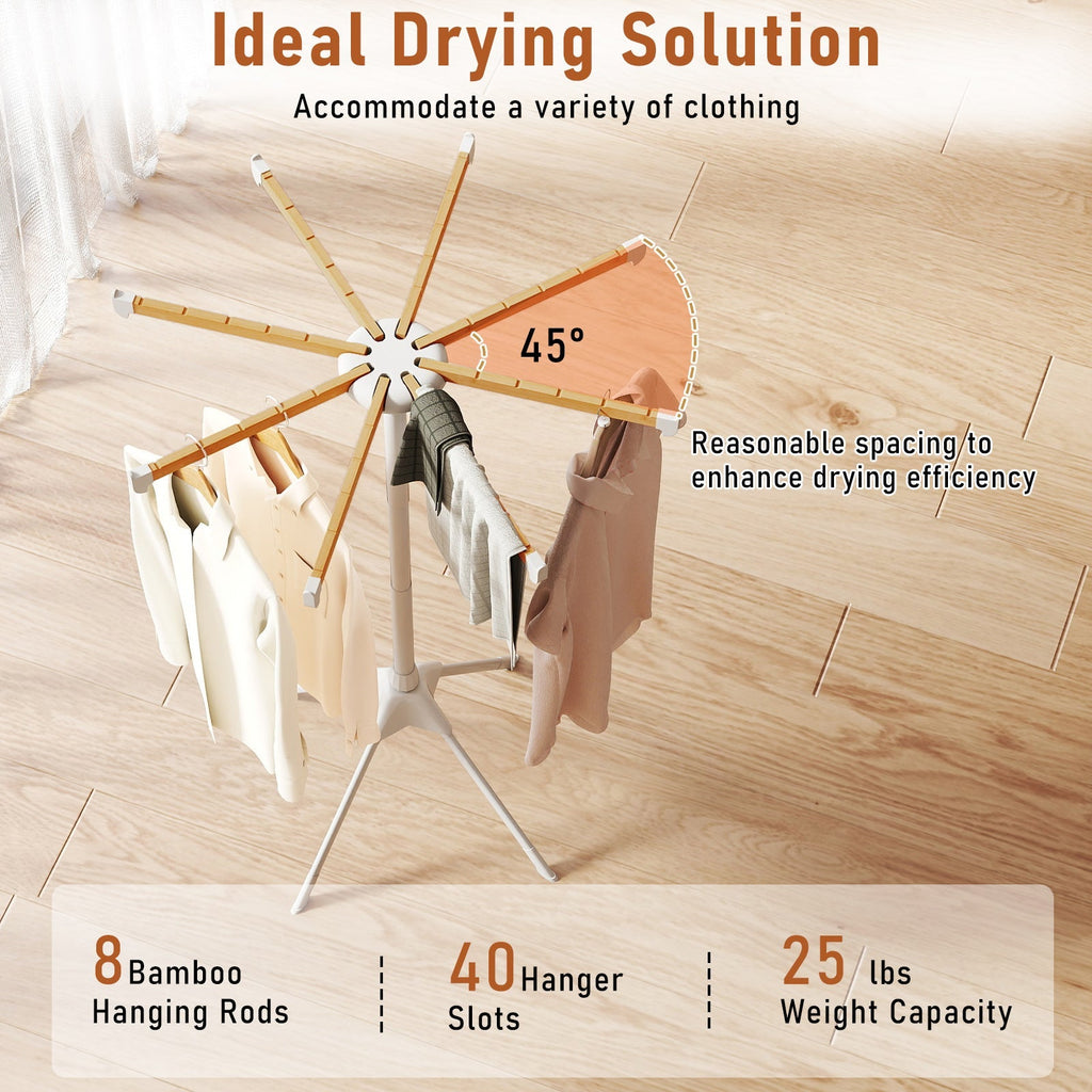 4 Legs Foldable Clothes Drying Rack with 8 Bamboo Hanging Rods and 40 Hanger Slots