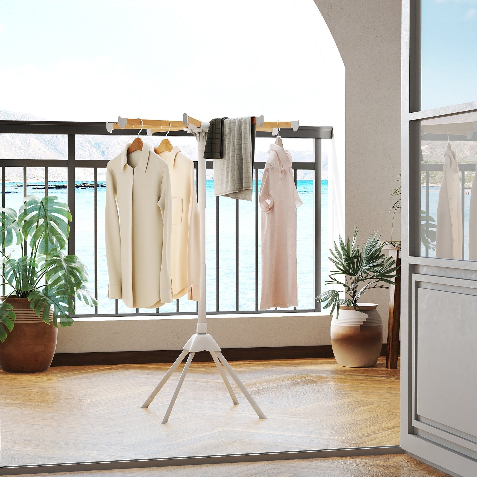 4 Legs Foldable Clothes Drying Rack with 8 Bamboo Hanging Rods and 40 Hanger Slots