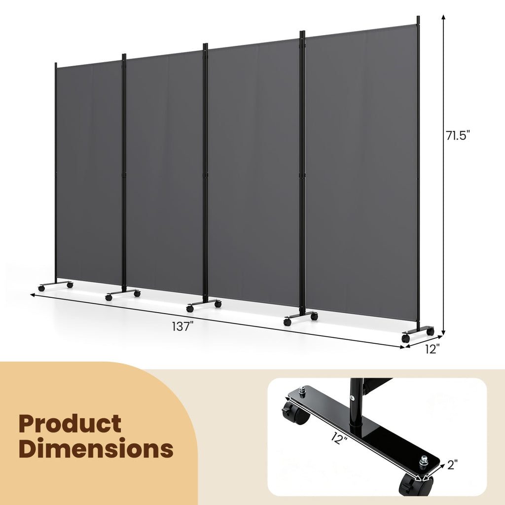 4-Panel Folding Room Divider with Wheels - 71.5" Tall