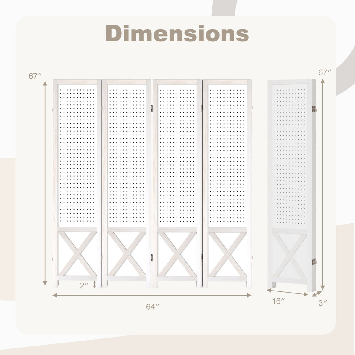 6-Panel Pegboard Room Divider 67 Inches Tall Foldable Privacy Screen