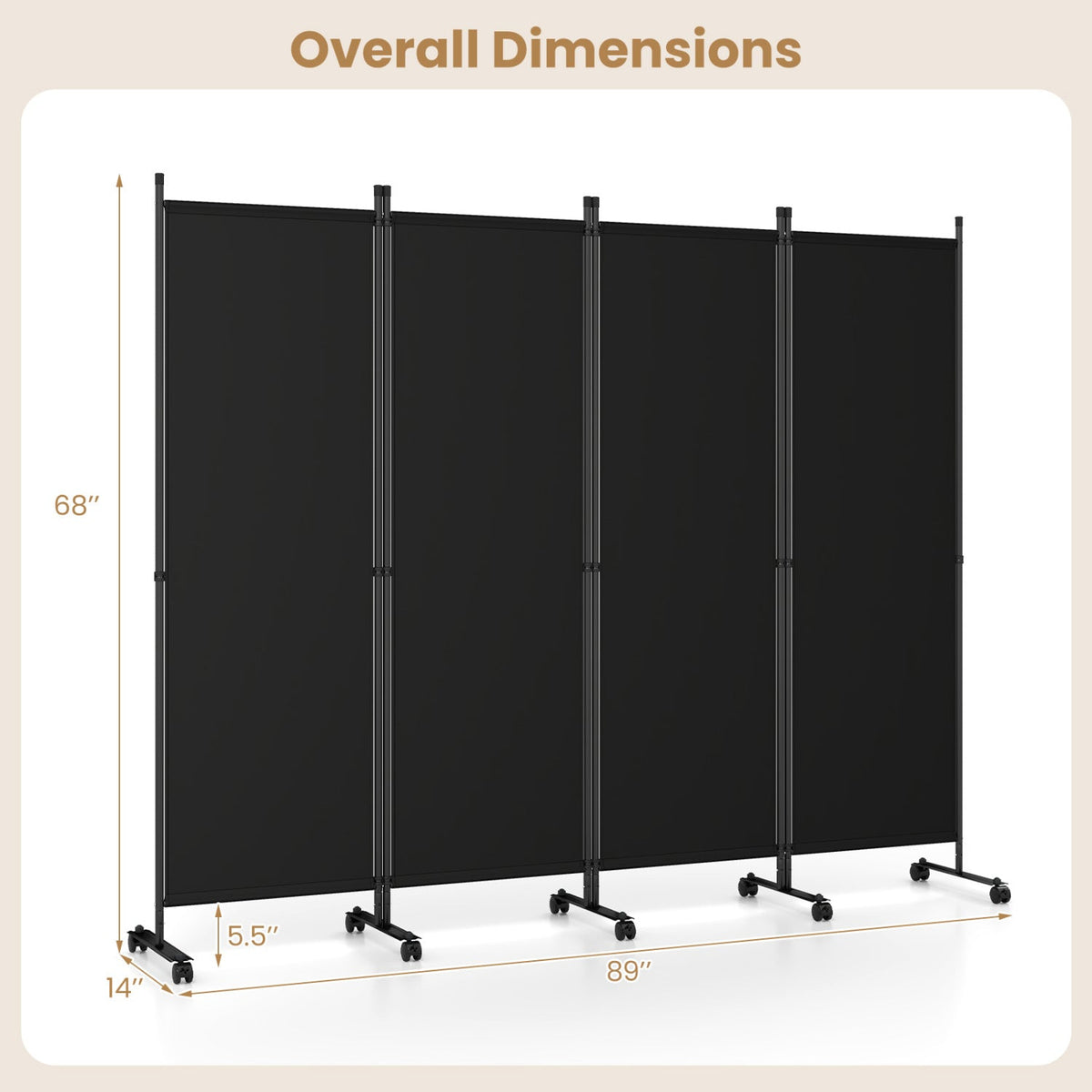 4-Panel Room Divider with Lockable Wheels - 87" x 68"