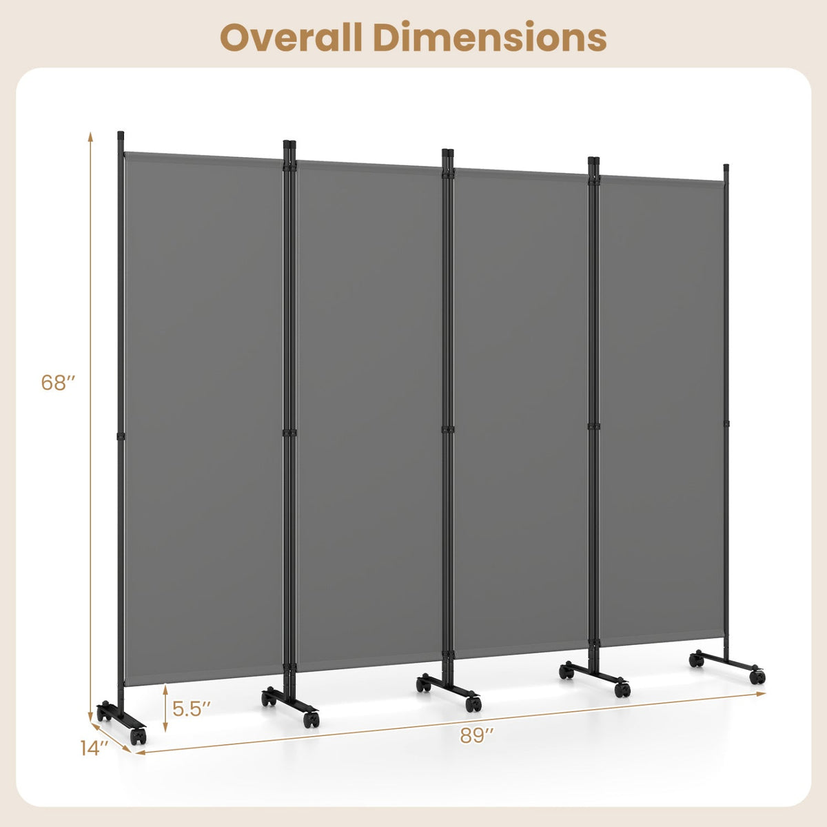 4-Panel Room Divider with Lockable Wheels - 87" x 68"