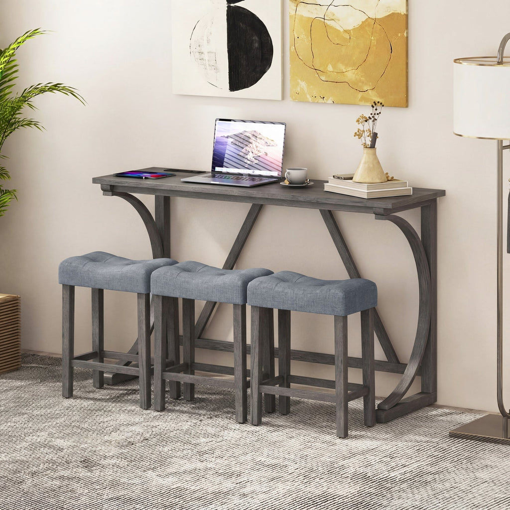 4-Piece Bar Table Set with Power Outlet & Upholstered Stools
