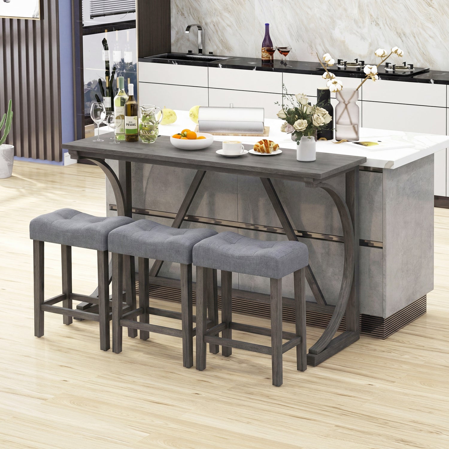4-Piece Bar Table Set with Power Outlet & Upholstered Stools