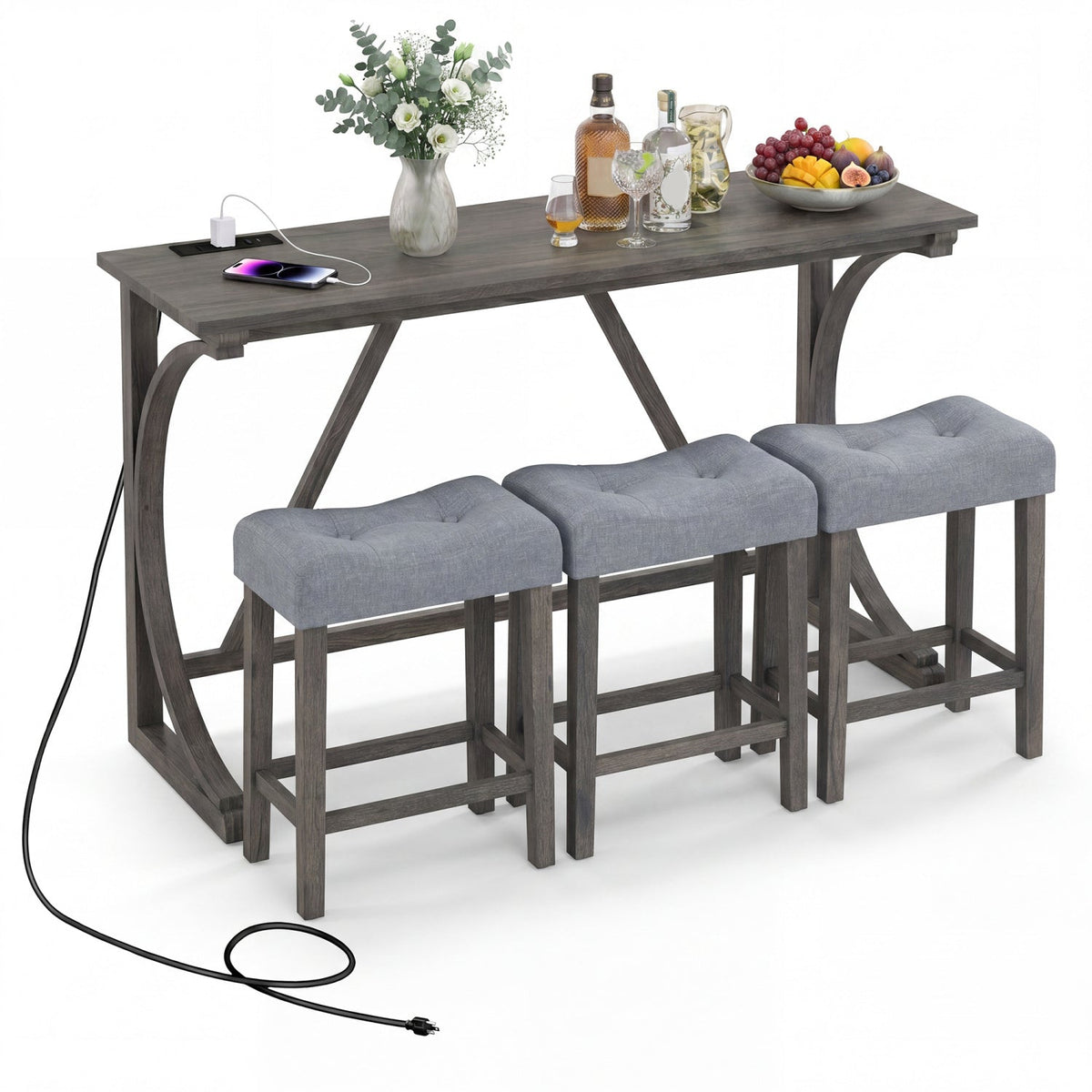 4-Piece Bar Table Set with Power Outlet & Upholstered Stools