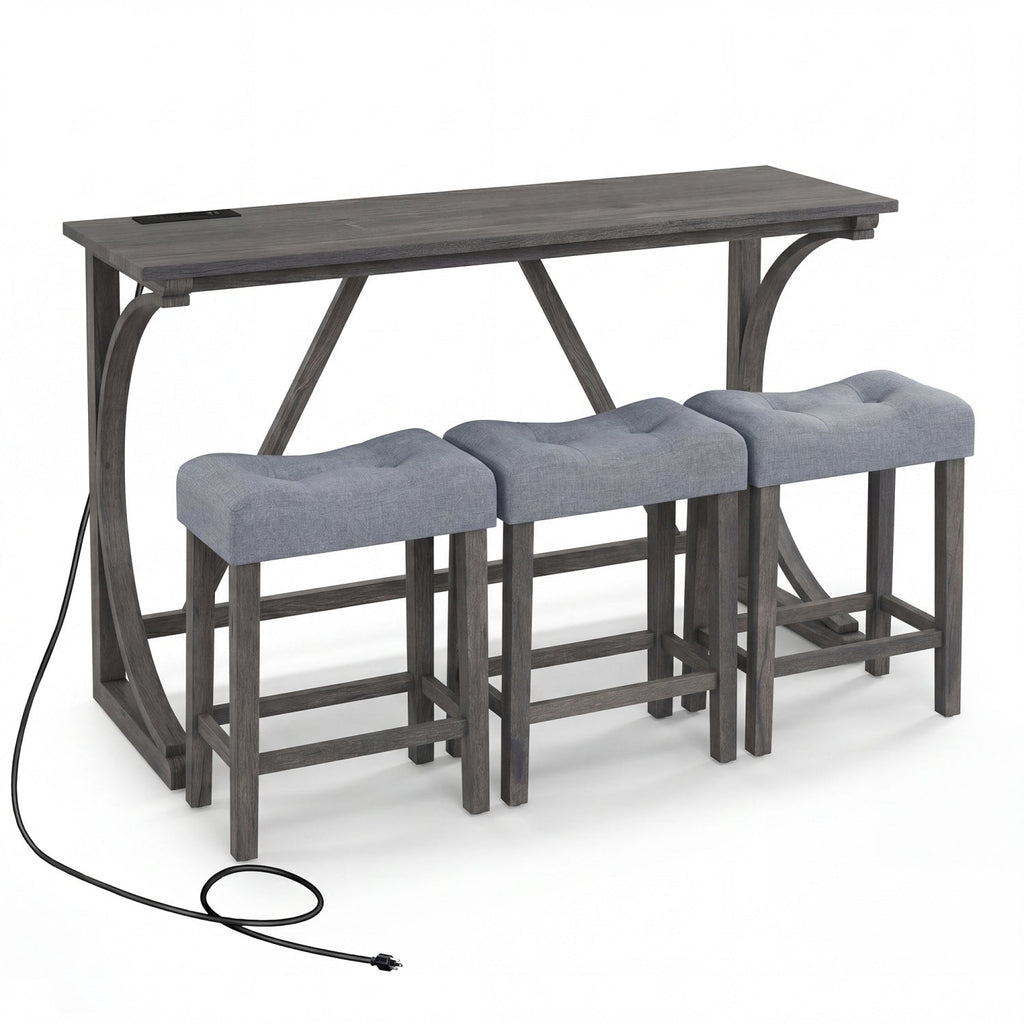 4-Piece Bar Table Set with Power Outlet & Upholstered Stools