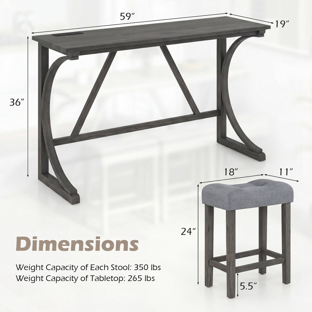 4-Piece Bar Table Set with Power Outlet & Upholstered Stools