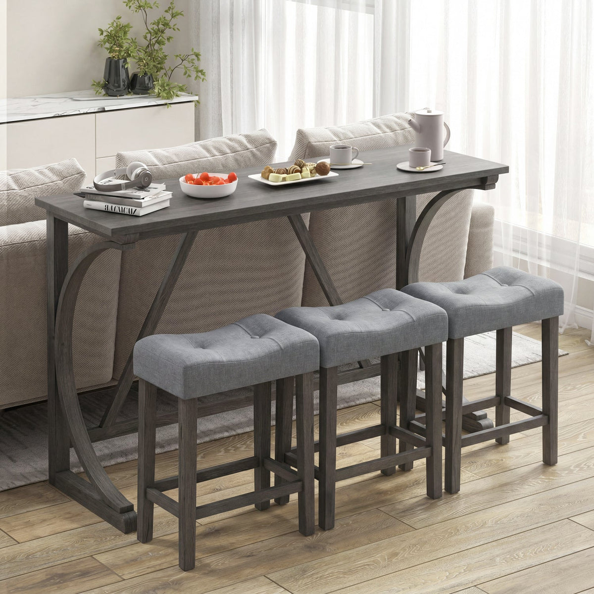 4-Piece Bar Table Set with Power Outlet & Upholstered Stools