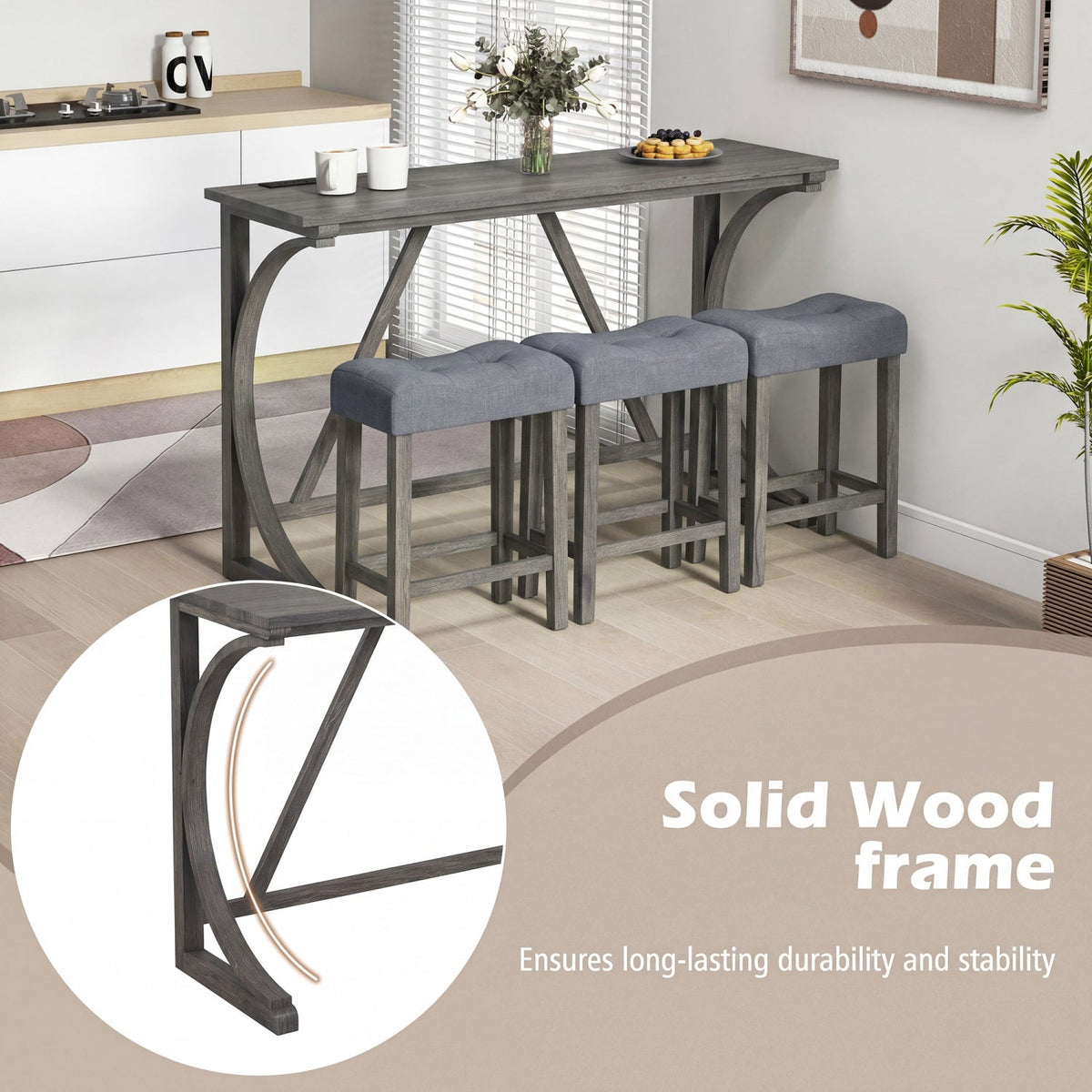 4-Piece Bar Table Set with Power Outlet & Upholstered Stools