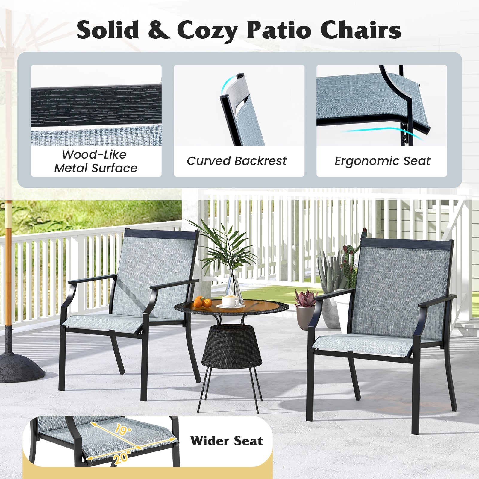4 Piece Patio Dining Chairs Large Outdoor Chairs with Breathable Seat and Metal Frame