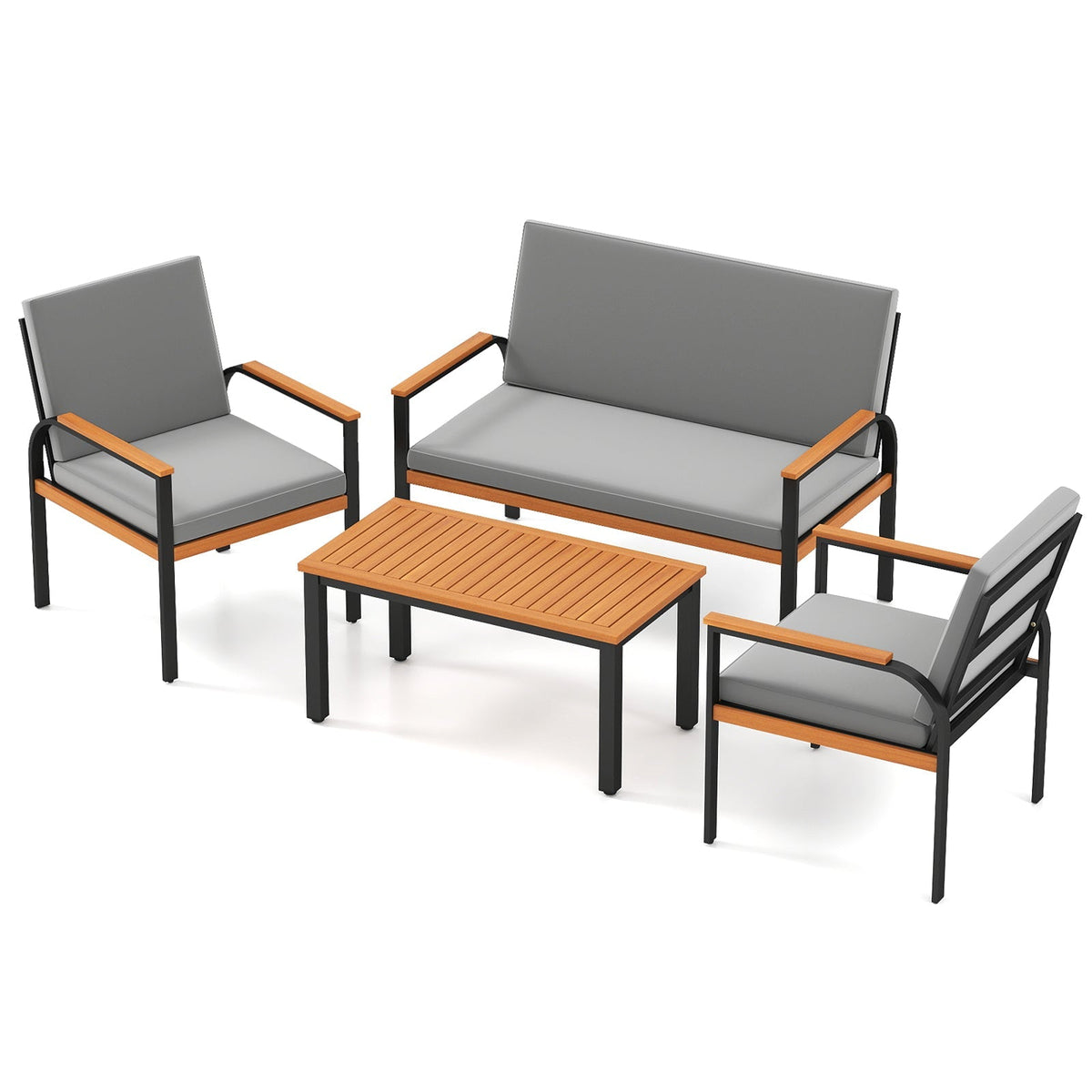 4 Piece Patio Furniture Set with Coffee Table and Loveseat with Removable Cushions-Gray