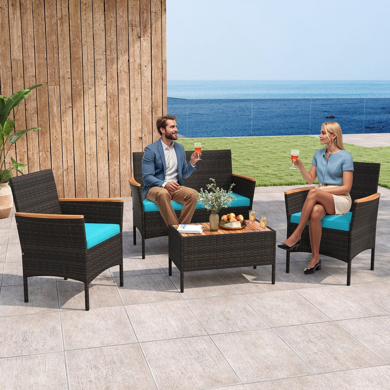 4-Piece Patio Conversation Set with Loveseat and Coffee Table