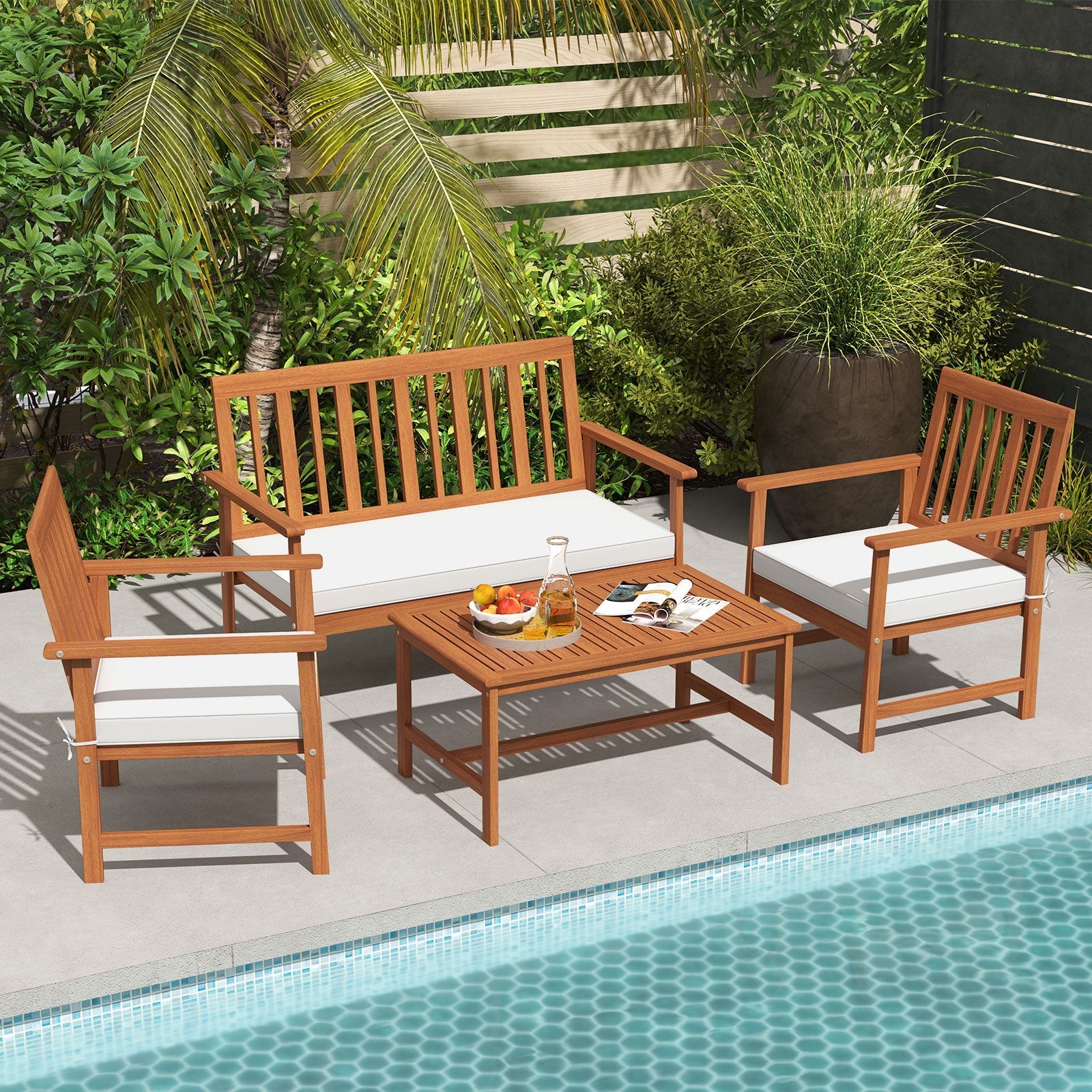 4 Pieces Acacia Wood Furniture Set with Seat Cushions and Robust Wood Frame-White