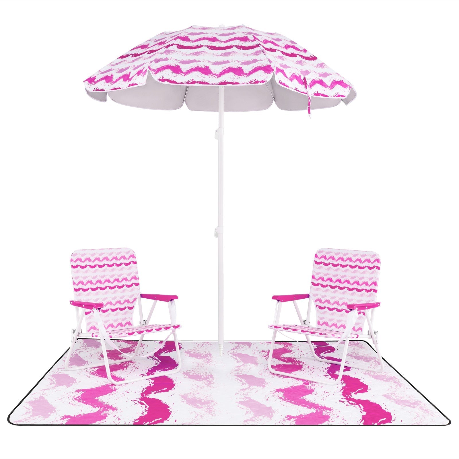 4 Pieces Beach Umbrella Set with 2 Foldable Chairs and Picnic Blanket