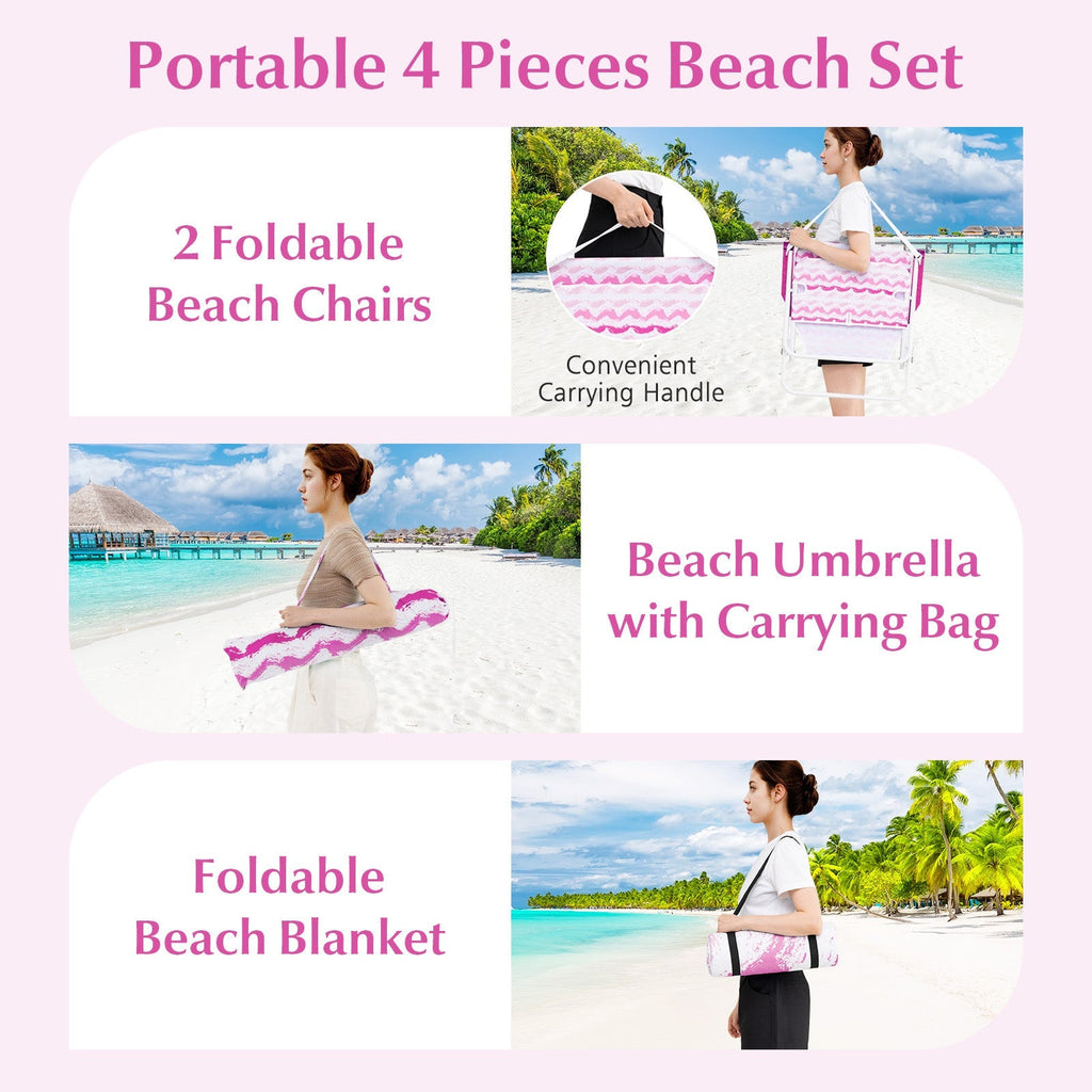 4 Pieces Beach Umbrella Set with 2 Foldable Chairs and Picnic Blanket