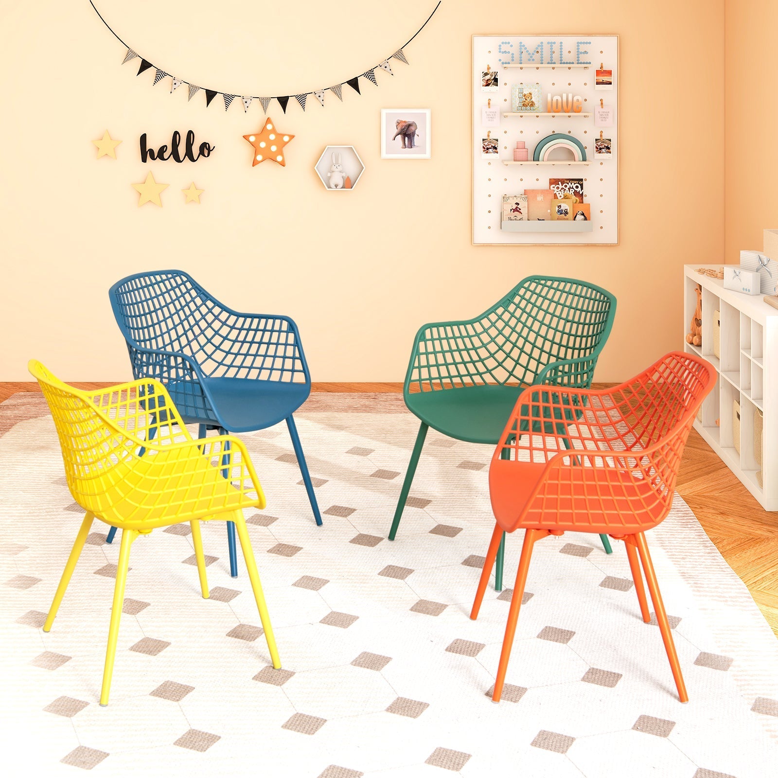 4 Pieces Kids Chairs with Curved Backrest and Ergonomic Armrests