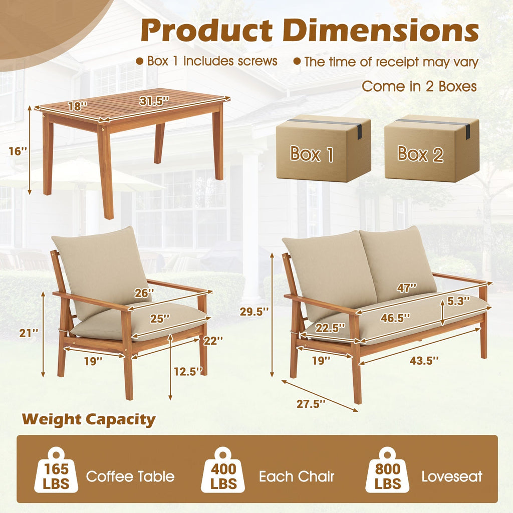 4 Pieces Outdoor Acacia Wood Conversation Set with Soft Cushions and Coffee Table-White