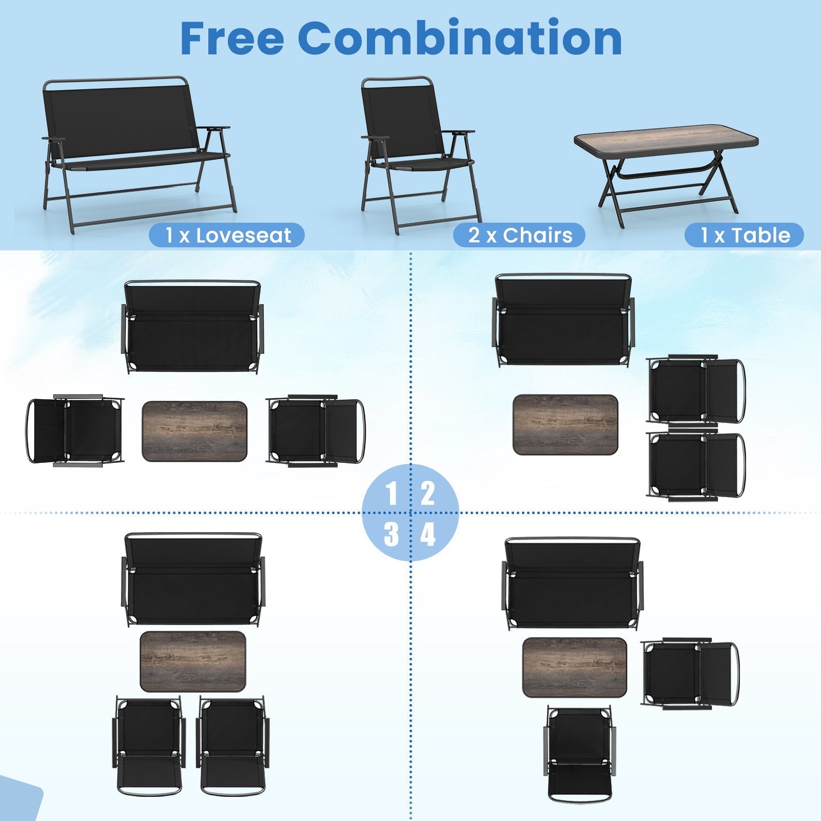 4 Pieces Patio Folding Furniture Set with SPC Coffee Table and Patio Chairs-Black